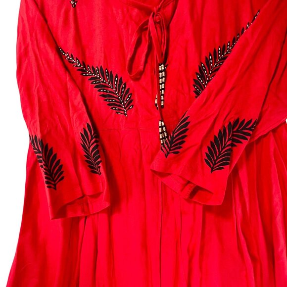 Zola Orange Red Boho Tunic Top Dress Leaf Print Embroidery Accents Beaded Tie - Picture 6 of 11